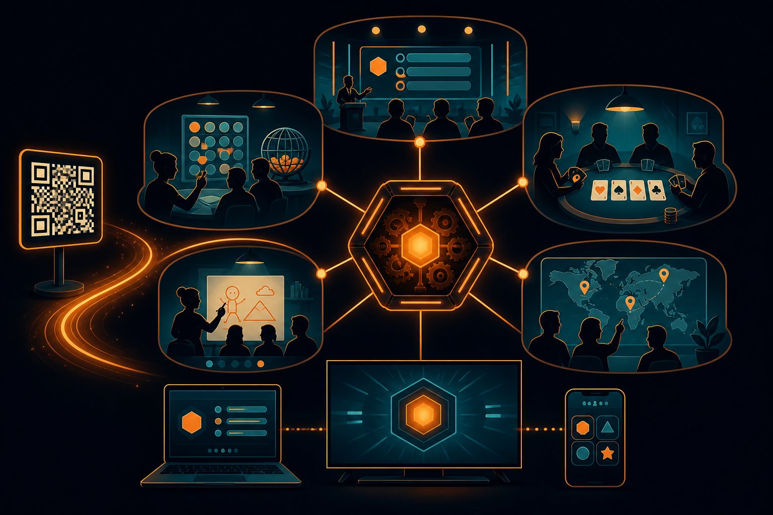 Un moteur central connecté à de nombreuses sessions de jeu distinctes, avec un code QR pour rejoindre et un ordinateur portable, une télévision et un téléphone comme les trois rôles d'appareil