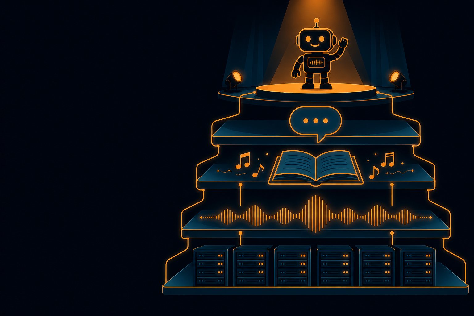Une pile en couches allant des racks de serveurs jusqu'à l'audio, la musique, l'histoire et le dialogue jusqu'à un personnage IA sur une scène