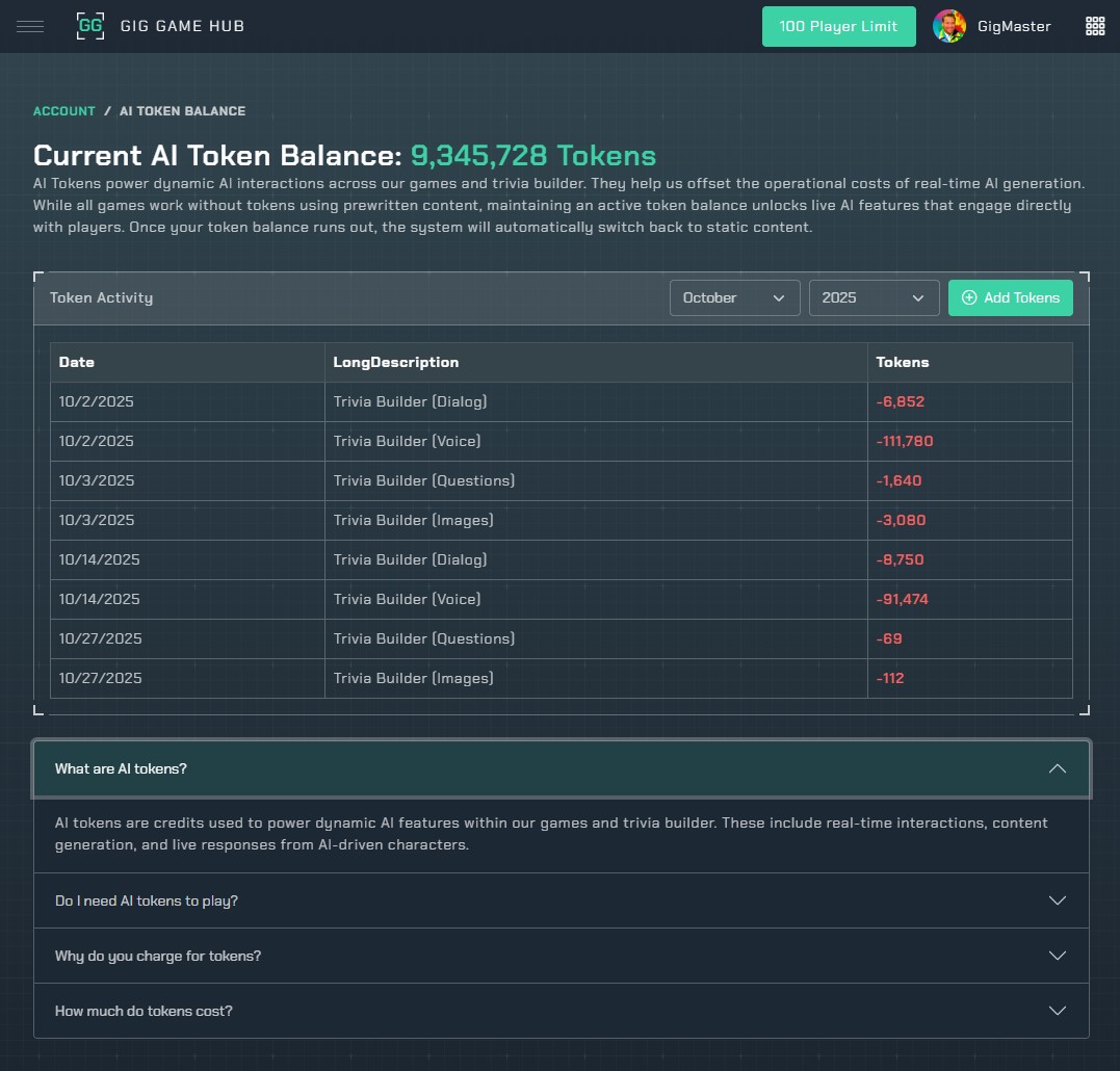Gig Game AI Tokens